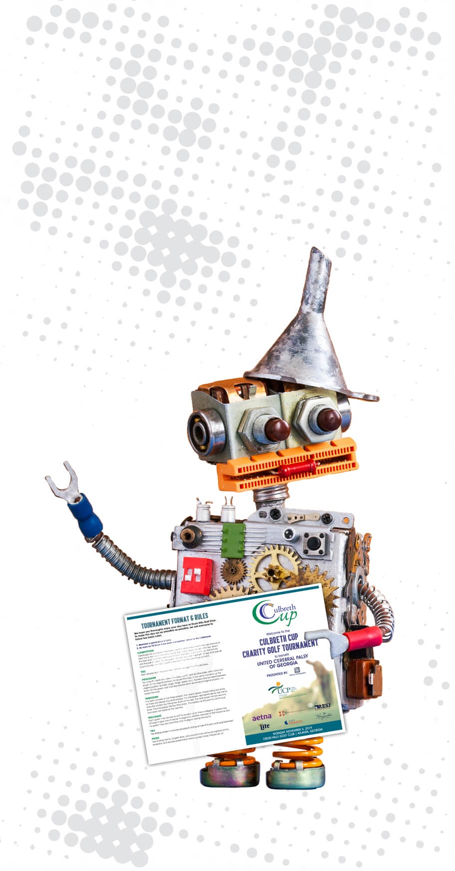 robot holding a pamphlet